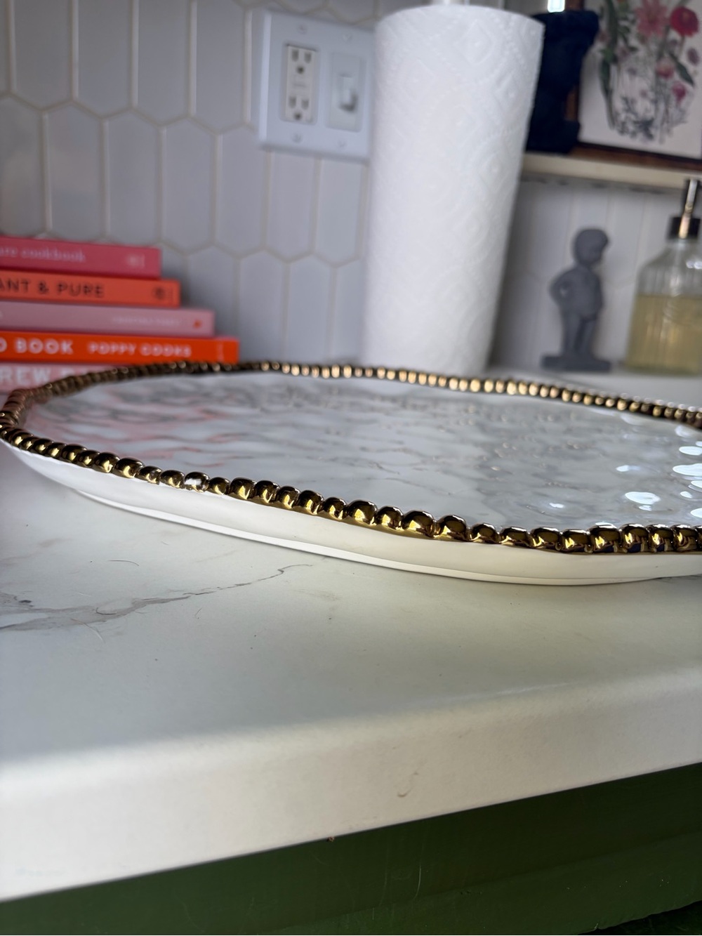 White Ceramic Decorative Platter with Gold Beaded Edge - Picture 2 of 3